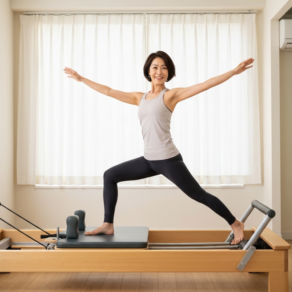 50代の女性がマシンピラティスに挑戦している様子