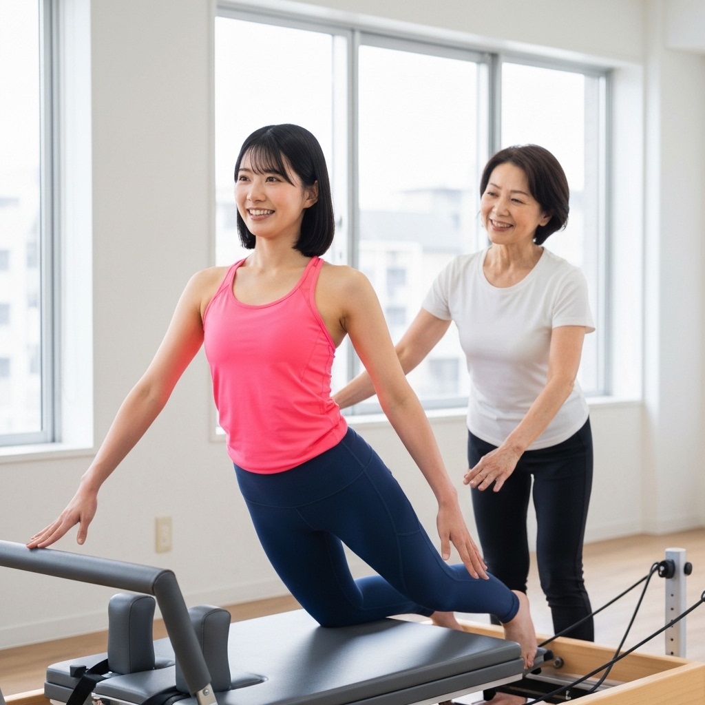 マシンピラティス初心者がリフォーマーで体験レッスンを受けている様子