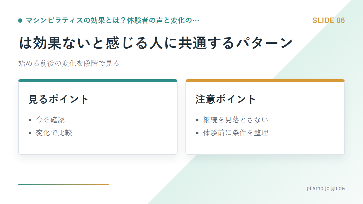 マシンピラティスの効果とは?体験者の声と変化の…「は効果ないと感じる人に共通するパターン」の要点を整理した図解