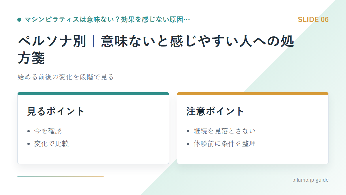 マシンピラティスは意味ない?効果を感じない原因…「ペルソナ別|意味ないと感じやすい人への処方箋」の要点を整理した図解