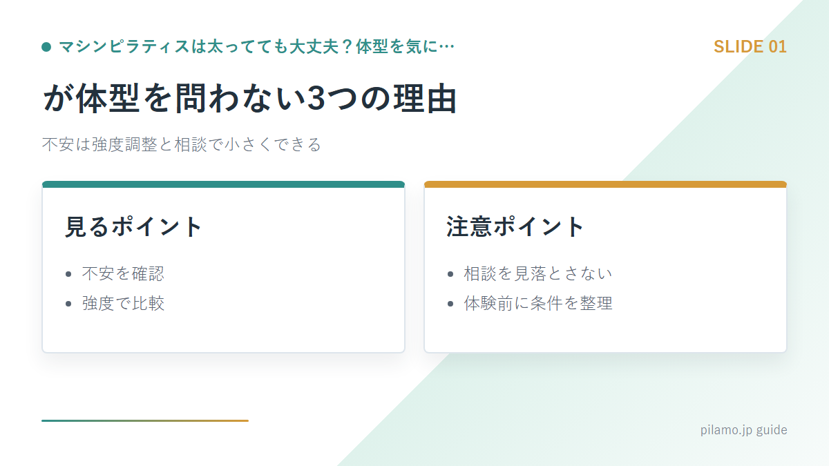 マシンピラティスは太ってても大丈夫?体型を気に…「が体型を問わない3つの理由」の要点を整理した図解