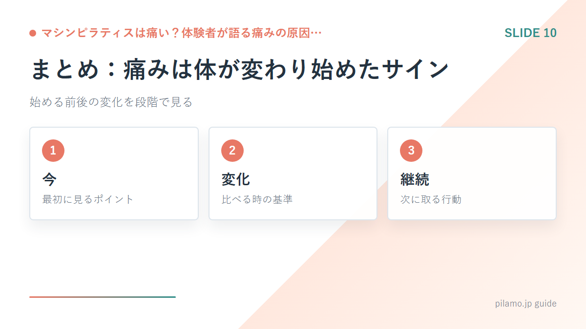 マシンピラティスは痛い?体験者が語る痛みの原因…「まとめ:痛みは体が変わり始めたサイン」の要点を整理した図解