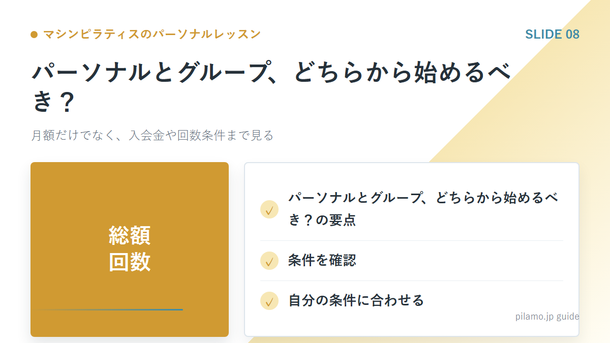 マシンピラティスのパーソナルレッスン「パーソナルとグループ、どちらから始めるべき？」の要点を整理した図解
