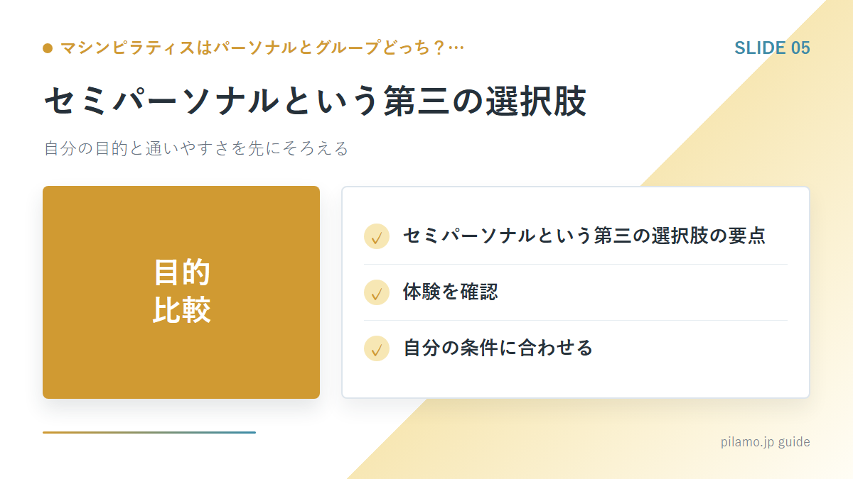 マシンピラティスはパーソナルとグループどっち？…「セミパーソナルという第三の選択肢」の要点を整理した図解