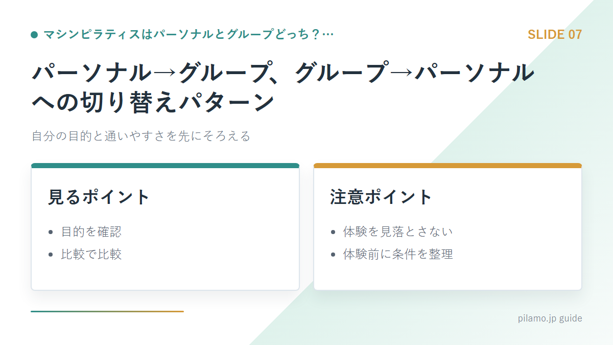 マシンピラティスはパーソナルとグループどっち？…「パーソナル→グループ、グループ→パーソナルへの切り替えパターン」の要点を整理した図解