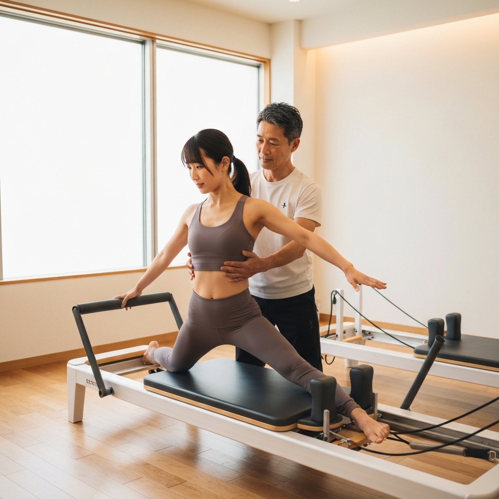 マシンピラティスのパーソナルレッスンを受けている様子