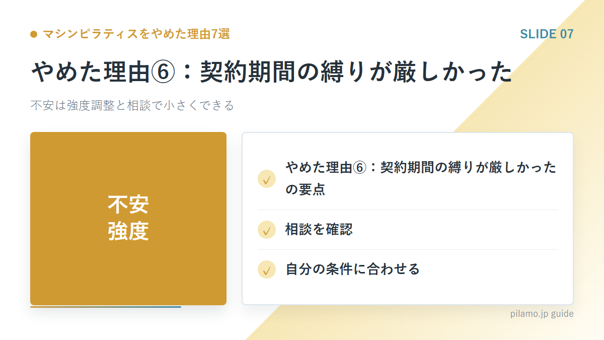 マシンピラティスをやめた理由7選「やめた理由⑥：契約期間の縛りが厳しかった」の要点を整理した図解