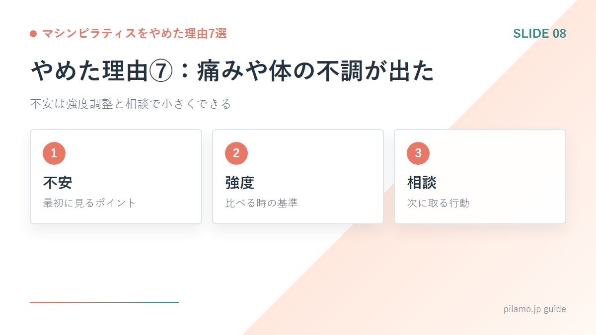 マシンピラティスをやめた理由7選「やめた理由⑦：痛みや体の不調が出た」の要点を整理した図解