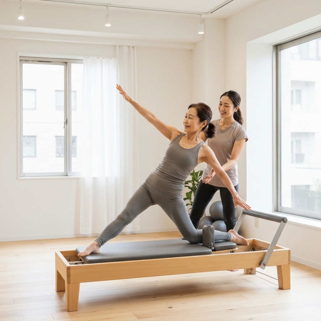 60代シニアの女性がマシンピラティスを楽しんでいる様子
