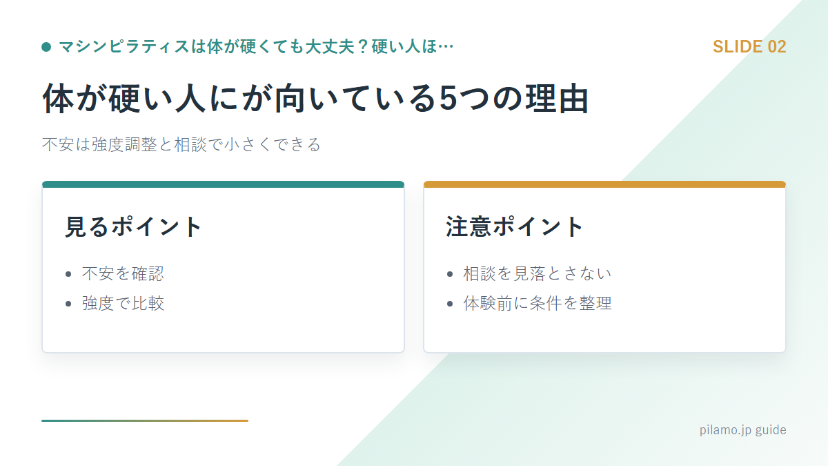 マシンピラティスは体が硬くても大丈夫?硬い人ほ…「体が硬い人にが向いている5つの理由」の要点を整理した図解