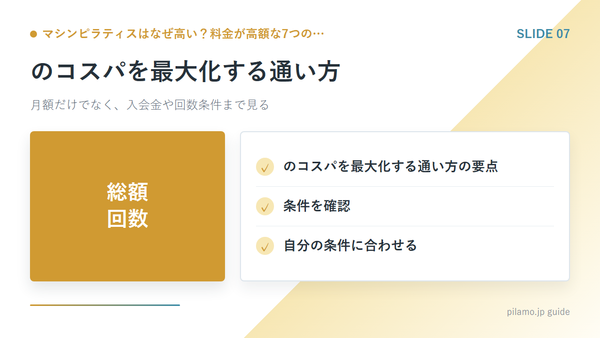 マシンピラティスはなぜ高い？料金が高額な7つの…「のコスパを最大化する通い方」の要点を整理した図解