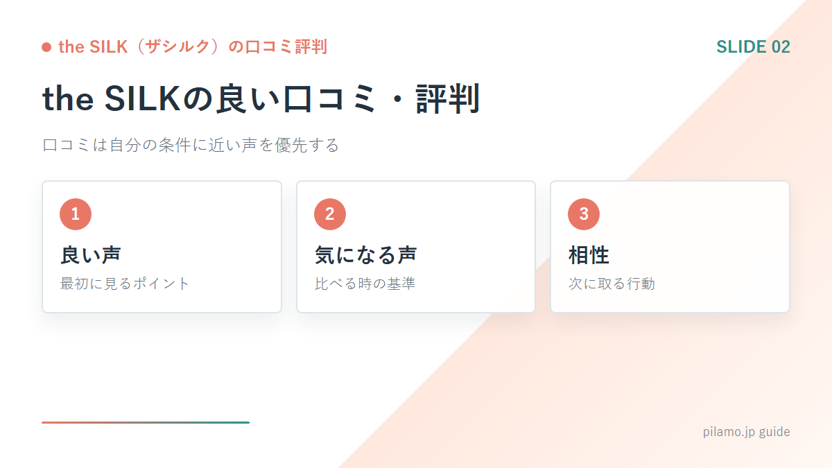 the SILK（ザシルク）の口コミ評判「the SILKの良い口コミ・評判」の要点を整理した図解