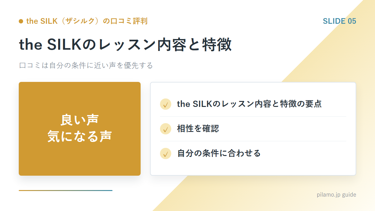 the SILK（ザシルク）の口コミ評判「the SILKのレッスン内容と特徴」の要点を整理した図解
