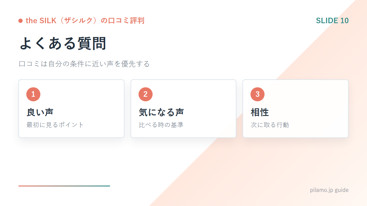 the SILK（ザシルク）の口コミ評判「よくある質問」の要点を整理した図解